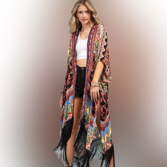 Boho Floral Damask Dainty Fringe Kimono Cape Duster - Picture 2 of 9